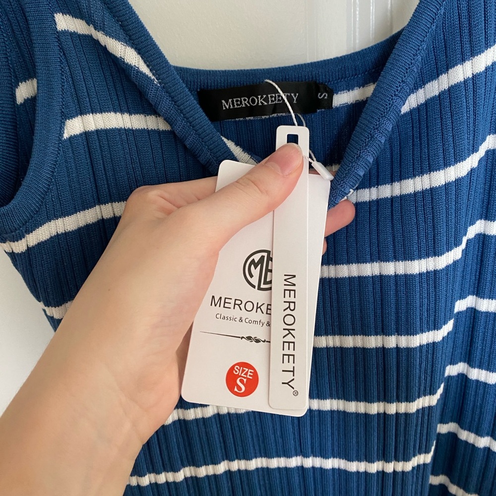 NWT Sleeveless Blue & White Striped Tank Dress Maxi Square Neck Ribbed Knit - Picture 7 of 15
